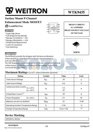 WTK9435 datasheet - Surface Mount P-Channel Enhancement Mode MOSFET