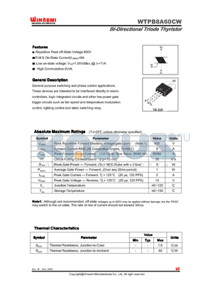 WTPB8A60CW datasheet - Bi-Directional Triode Thyristor