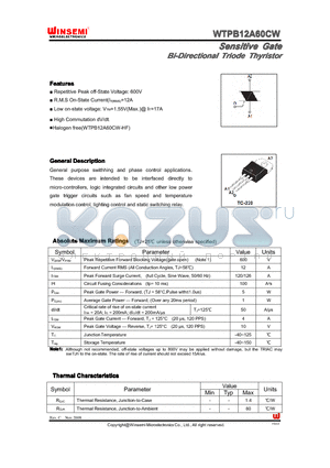 WTPB12A60CW datasheet - Sensitive Gate Bi-Directional Triode Thyristor