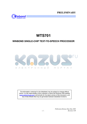 WTS701EF/T datasheet - WINBOND SINGLE-CHIP TEXT-TO-SPEECH PROCESSOR