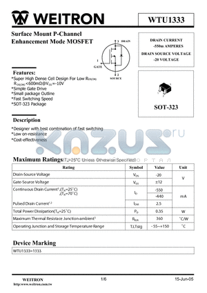 WTU1333 datasheet - Surface Mount P-Channel Enhancement Mode MOSFET