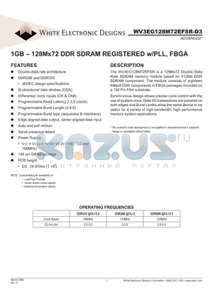 WV3EG128M72EFSR265D3MG datasheet - 1GB - 128Mx72 DDR SDRAM REGISTERED w/PLL, FBGA