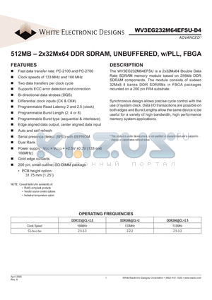 WV3EG232M64EFSU265D4SG datasheet - 512MB - 2x32Mx64 DDR SDRAM, UNBUFFERED, w/PLL, FBGA