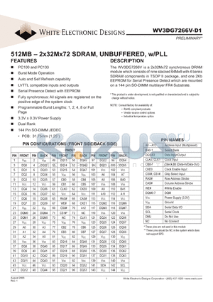 WV3DG7266V-D1 datasheet - 512MB -2x32Mx72 SDRAM, UNBUFFERED, w/PLL