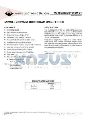 WV3EG232M64STSU335D4SG datasheet - 512MB - 2x32Mx64 DDR SDRAM UNBUFFERED