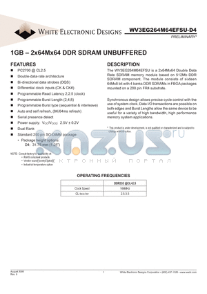 WV3EG264M64EFSU-D4 datasheet - 1GB - 2x64Mx64 DDR SDRAM UNBUFFERED
