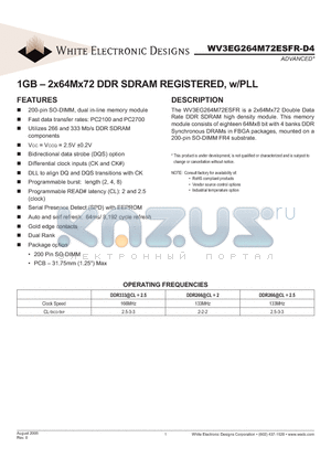 WV3EG264M72ESFR262D4-MG datasheet - 1GB - 2x64Mx72 DDR SDRAM REGISTERED, w/PLL