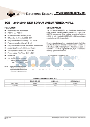 WV3EG265M64EFSU-D4 datasheet - 1GB- 2x64Mx64 DDR SDRAM UNBUFFERED, w/PLL