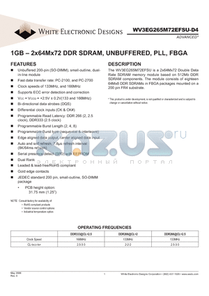 WV3EG265M72EFSU262D4NG datasheet - 1GB - 2x64Mx72 DDR SDRAM, UNBUFFERED, PLL, FBGA