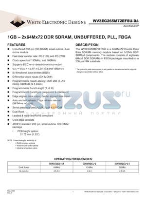 WV3EG265M72EFSU265D4N datasheet - 1GB - 2x64Mx72 DDR SDRAM, UNBUFFERED, PLL, FBGA