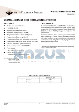 WV3EG32M64ETSU166D3SG datasheet - 256MB - 32Mx64 DDR SDRAM UNBUFFERED