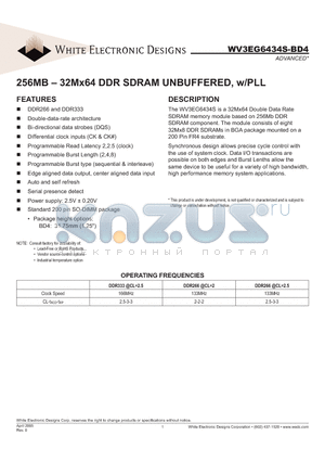 WV3EG6434S262BD4 datasheet - 256MB - 32Mx64 DDR SDRAM UNBUFFERED, w/PLL