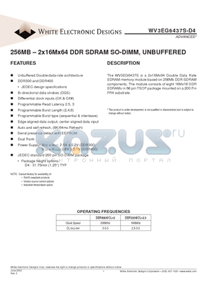 WV3EG6437S-D4 datasheet - 256MB - 2x16Mx64 DDR SDRAM SO-DIMM, UNBUFFERED