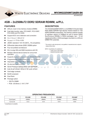 WV3H2256M72AER806D6SG datasheet - 4GB - 2x256Mx72 DDR2 SDRAM RDIMM, w/PLL