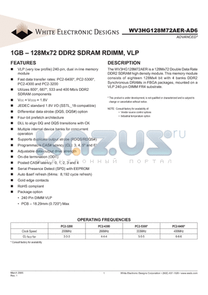 WV3HG128M72AER-AD6 datasheet - 1GB - 128Mx72 DDR2 SDRAM RDIMM, VLP