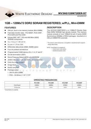 WV3HG128M72EER403D7MG datasheet - 1GB - 128Mx72 DDR2 SDRAM REGISTERED, w/PLL, Mini-DIMM