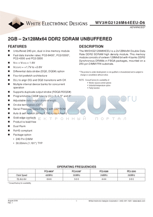 WV3HG2128M64EEU665D6MG datasheet - 2GB - 2x128Mx64 DDR2 SDRAM UNBUFFERED