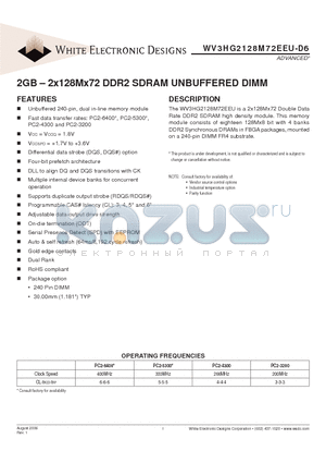 WV3HG2128M72EEU-D6 datasheet - 2GB - 2x128Mx72 DDR2 SDRAM UNBUFFERED DIMM