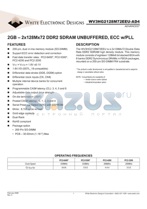 WV3HG2128M72EEU403AD4MG datasheet - 2GB - 2x128Mx72 DDR2 SDRAM UNBUFFERED, ECC w/PLL