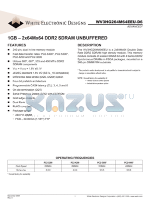 WV3HG264M64EEU-D6 datasheet - 1GB - 2x64Mx64 DDR2 SDRAM UNBUFFERED