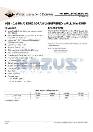 WV3HG264M72EEU-D7 datasheet - 1GB - 2x64Mx72 DDR2 SDRAM UNBUFFERED, w/PLL, Mini-DIMM