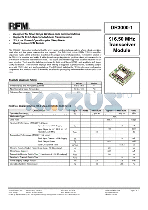 DR3000-1 datasheet - 916.50 MHz Transceiver Module
