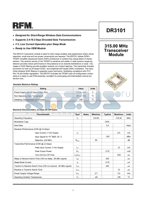 DR3101 datasheet - 315.00 MHz Transceiver Module