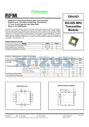 DR4103 datasheet - 303.825 MHz Transmitter Module