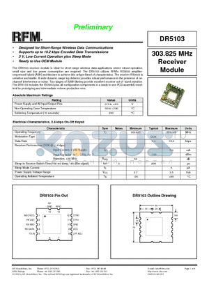 DR5103 datasheet - 303.825 MHz Receiver Module