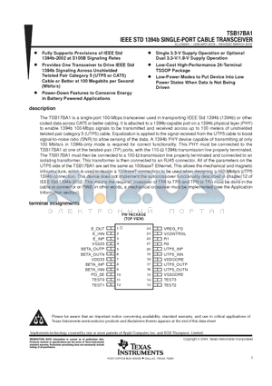 TSB17BA1 datasheet - IEEE STD 1394b SINGLE-PORT CABLE TRANSCEIVER