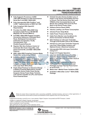 TSB41AB1 datasheet - IEEE 1394A 2000 ONE PORT CABLE TRANSCEIVER/ARBITER