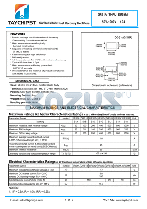 DRS1M datasheet - Surface Mount Fast Recovery Rectifiers