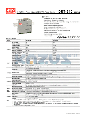 DRT-240-24 datasheet - 240W Three Phase Industrial DIN RAIL Power Supply