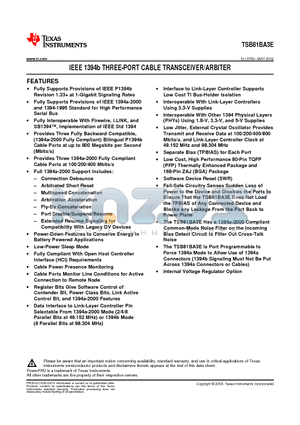 TSB81BA3E datasheet - IEEE 1394b THREE-PORT CABLE TRANSCEIVER/ARBITER