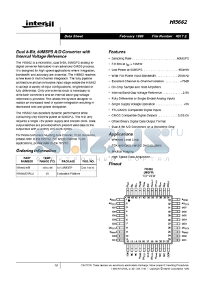 HI5662 datasheet - Dual 8-Bit, 60MSPS A/D Converter with Internal Voltage Reference