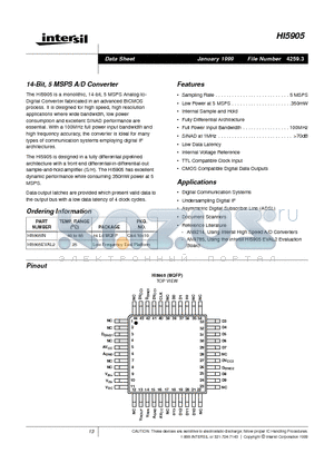 HI5905 datasheet - 14-Bit, 5 MSPS A/D Converter