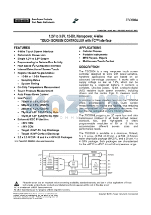 TSC2004IYZKR datasheet - 1.2V to 3.6V, 12-Bit, Nanopower, 4-Wire TOUCH SCREEN CONTROLLER with I2C Interface