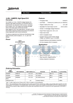 HI5860IBZ datasheet - 12-Bit, 130MSPS, High Speed D/A Converter