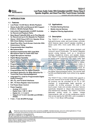 TSC2117IRGZR datasheet - Low-Power Audio Codec With Embedded miniDSP, Stereo Class-D Speaker Amplifier, and Smart Four-Wire Touch-Screen Controller