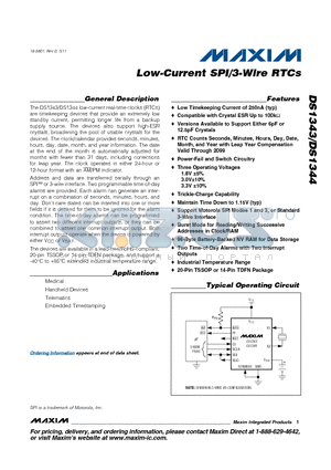 DS1344D-18+ datasheet - Low-Current SPI/3-Wire RTCs Low Timekeeping Current of 250nA (typ)