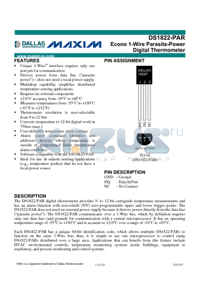 DS1822-PAR_07 datasheet - Econo 1-Wire Parasite-Power Digital Thermometer