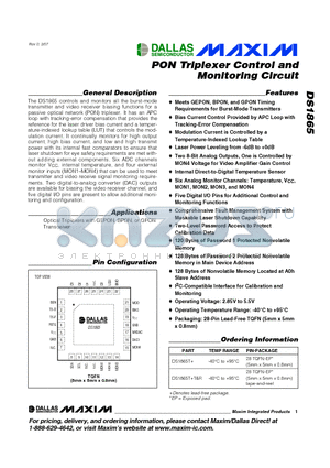 DS1865 datasheet - PON Triplexer Control and Monitoring Circuit