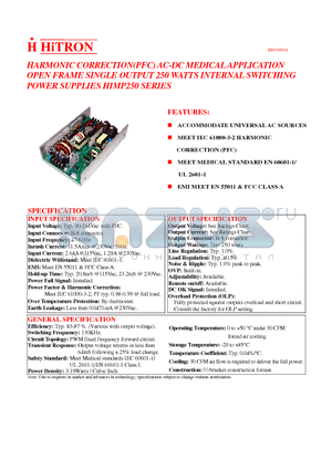 HIMP250-S480052 datasheet - HARMONIC CORRECTION(PFC) AC-DC MEDICAL APPLICATION OPEN FRAME SINGLE OUTPUT 250 WATTS INTERNAL SWITCHING POWER SUPPLIES