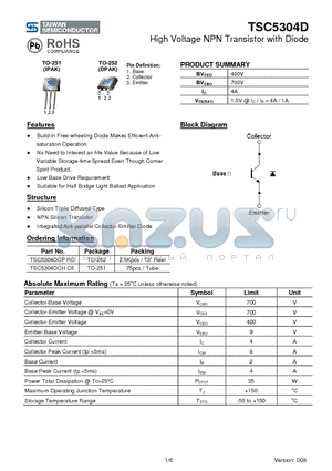 TSC5304DCPRO datasheet - High Voltage NPN Transistor with Diode