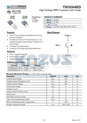 TSC5304EDCPRO datasheet - High Voltage NPN Transistor with Diode