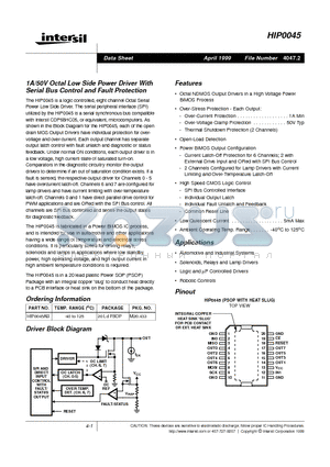 HIP0045 datasheet - 1A/50V Octal Low Side Power Driver With Serial Bus Control and Fault Protection