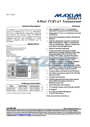 DS26514 datasheet - 4-Port T1/E1/J1 Transceiver