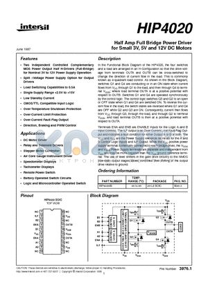 HIP4020 datasheet - Half Amp Full Bridge Power Driver for Small 3V, 5V and 12V DC Motors