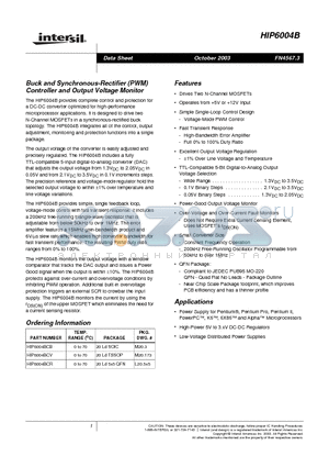 HIP6004B datasheet - Buck and Synchronous-Rectifier (PWM) Controller and Output Voltage Monitor