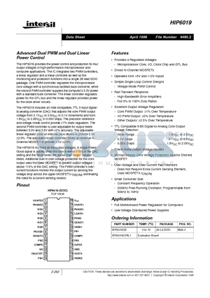 HIP6019 datasheet - Advanced Dual PWM and Dual Linear Power Control